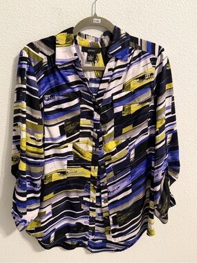 Alfani Men’s Abstract Stripe Button-Down Shirt in Blue, Black & Yellow
